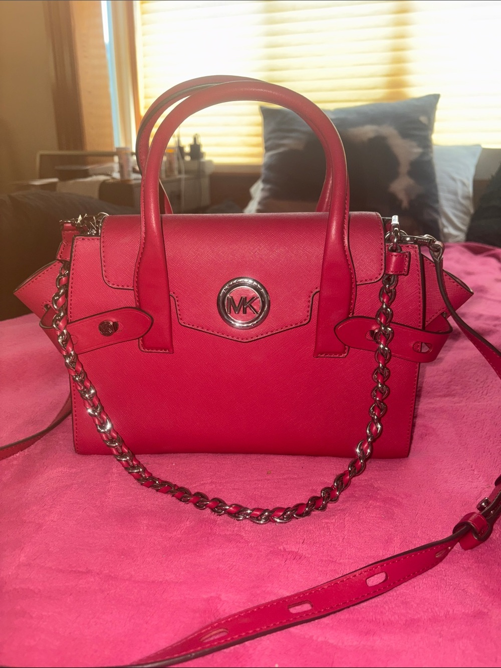 Michael Kors Carmen Hot Pink small Leather Satchel with Chain Strap